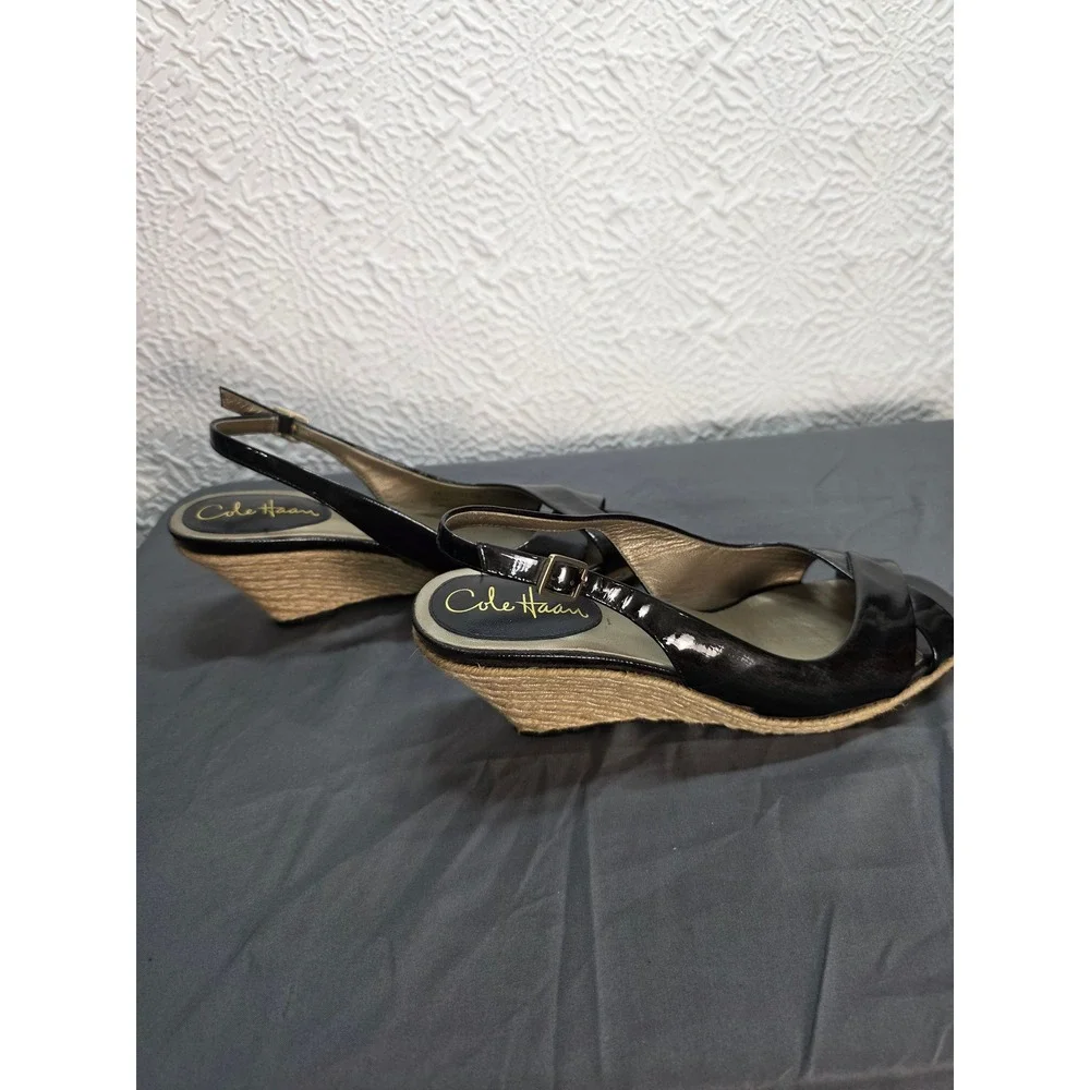 Cole Haan Nike Air Black Patent Leather Espadrille‎ Wedge Slingback Sandals 7.5